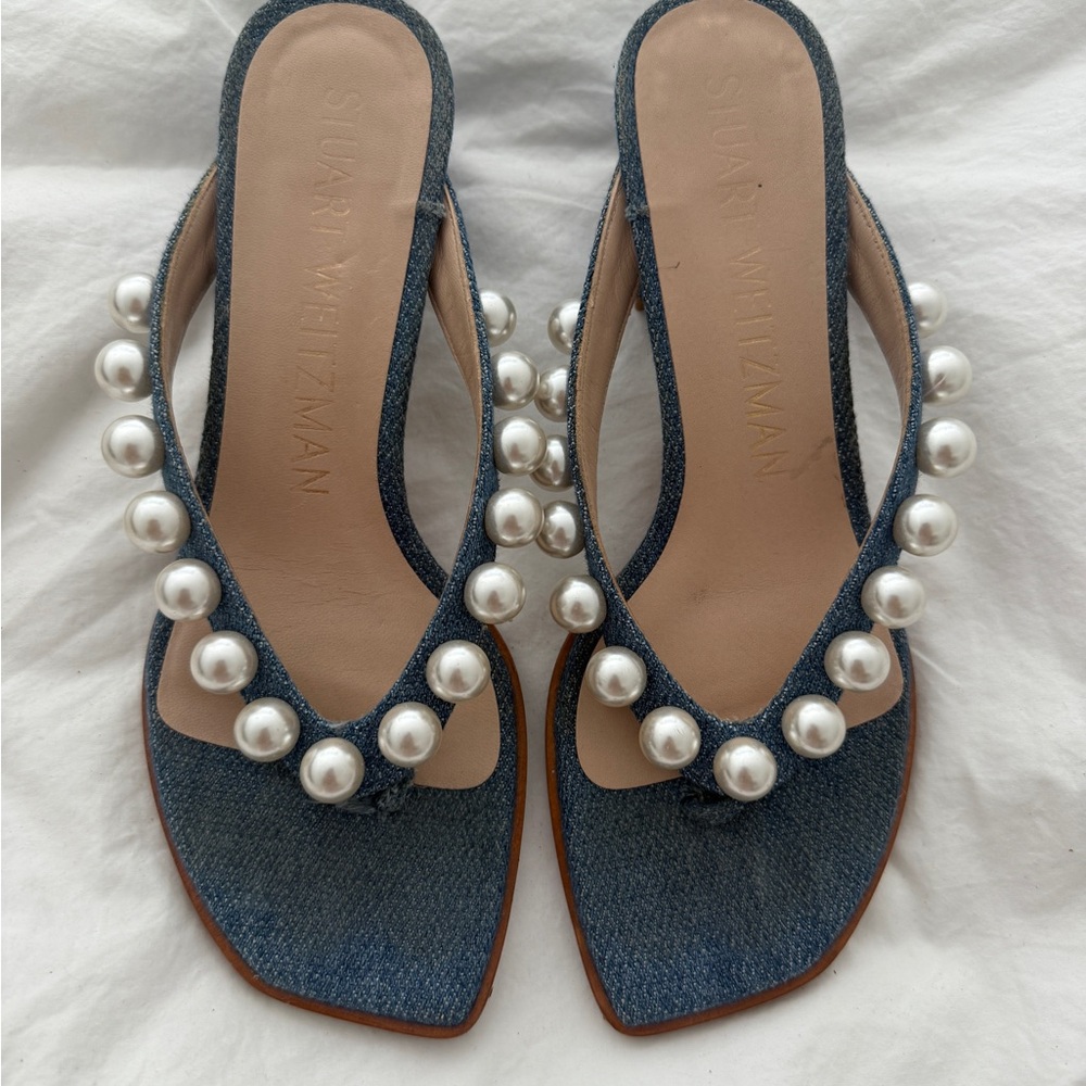 Stuart Weitzman Goldie 50 Pearly Stud Denim Sandals